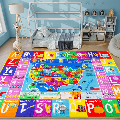 USA Map ABC Kid Rug for Playroom 59"39.4" Geography Classroom Play Rug