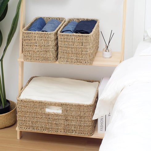 JS HOME Set of 3 Seagrass Wicker Baskets, Large and Small Organizing Baskets with Built-in Handles, Shelf Organizer