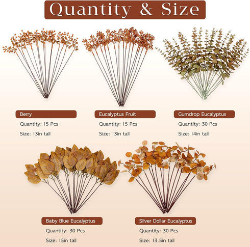 120 5 Pcs Kinds Mixed Artificial Eucalyptus Leaves Stems and Fake Berry Bulk for Fall Decorations,Faux Plants Bundle