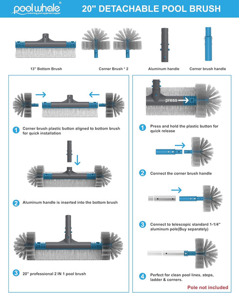 20'' Swimming Pool Brush Head, Detachable Pool Cleaning Brush with Durable Around Nylon Bristles, EZ Clip Aluminum