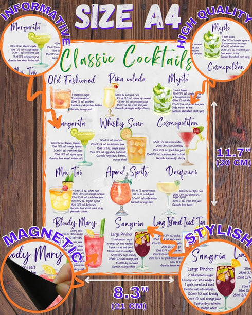 Classic Cocktails Recipes Magnetic Chart A4 Format - Kitchen Pub Wall and Fridge Decor Stylish Colourful Informative Magnet Milliliters and Ounces Measurement Units