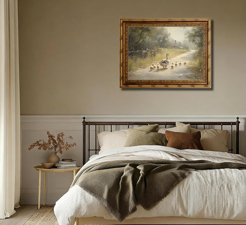 xikafou 3D Countryside Textured Canvas Wall Art Vintage Carved Gold Frame Duck With Ducklings Farmhouse Vintage Relief