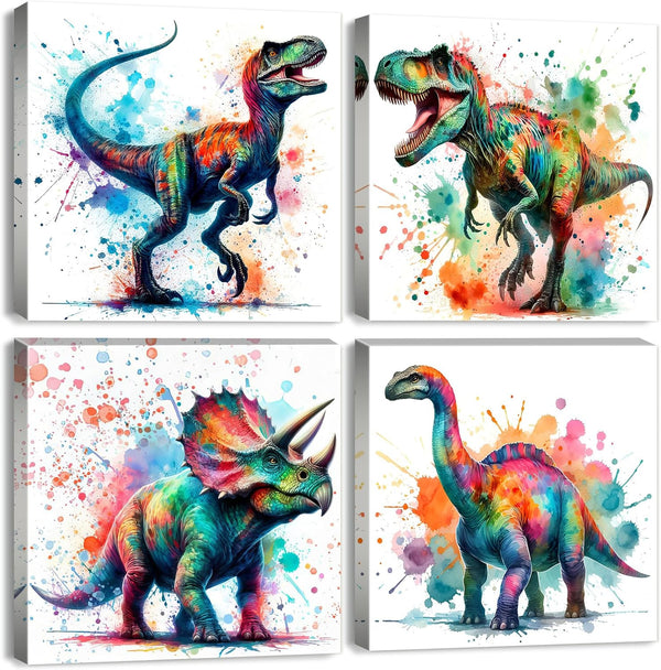 Colorful Dinosaur Canvas Wall Art for Boys Watercolor Dinosaur Pictures Kids Bedroom