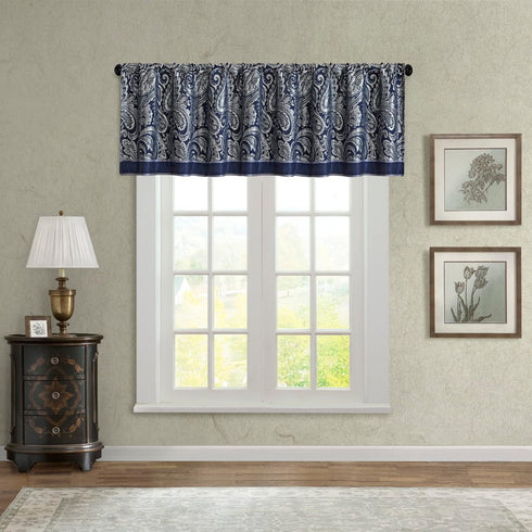 Madison Park Aubrey Faux Silk Paisley Jacquard Curtain - Rod Pocket for Living Room, 50 in x 18 in, Navy