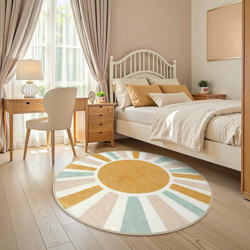 4ft LIVEBOX Retro Sun Round Rug Boho Rug for Nursery Room,Non-Slip Circle Ultra Soft Cute Colorful Kids Rugs