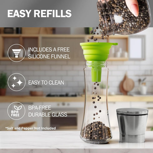Set 4 Home EC Original Stainless Steel Sea Salt and Pepper Grinder of - Adjustable Ceramic - Tall Glass Salt and Pepper