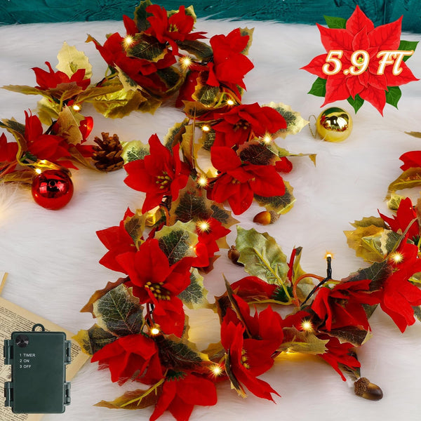 Glintoper Christmas Poinsettia Garland - 5.9 FT Lighted Artificial Garland with 36 Red Flowers, Battery Operated