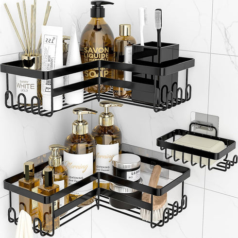 StorageRight Corner Shower Caddy, 3 Pack Adhesive Bathroom Accessories with Hooks, Soap Holder, No Drilling Organizer