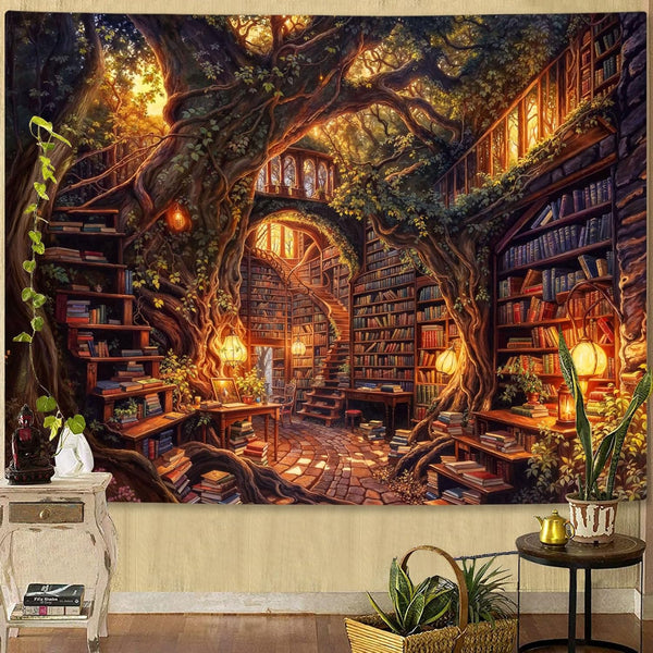 Accnicc Forest Library Tapestry Tree Bookshelf Tapestries Wall Hanging Vintage Fantasy Fairy Treehouse