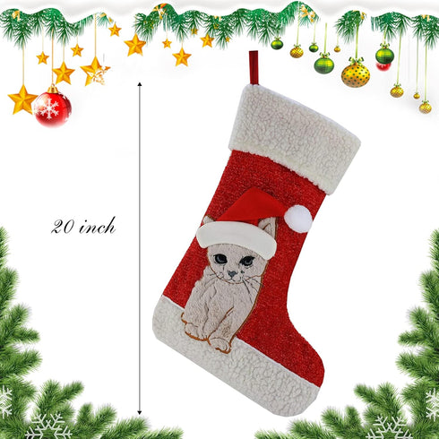 WEWILL 20'' Cute Cat Christmas Stockings, Embroidered Xmas Socks Holiday Party Gift