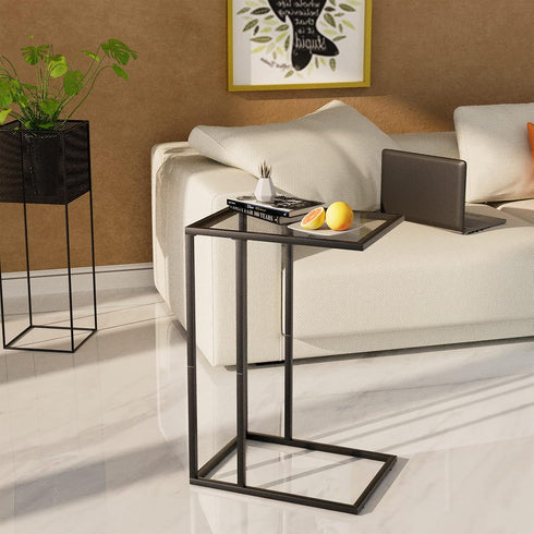 Easy Paws C Table Glass End Table, Couch Side Table, Tempered Glass Snack Side Table with Metal Frame, TV Tray Table