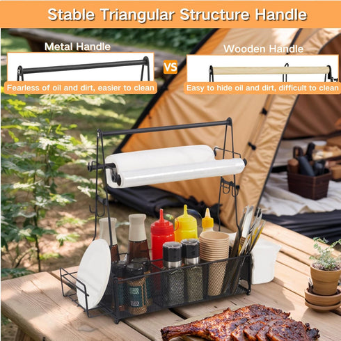 2 Grill Caddy, BBQ Caddy with Paper Towel Holder and Hooks, Grill Utensil Organizer for Camping Outdoor Barbecue