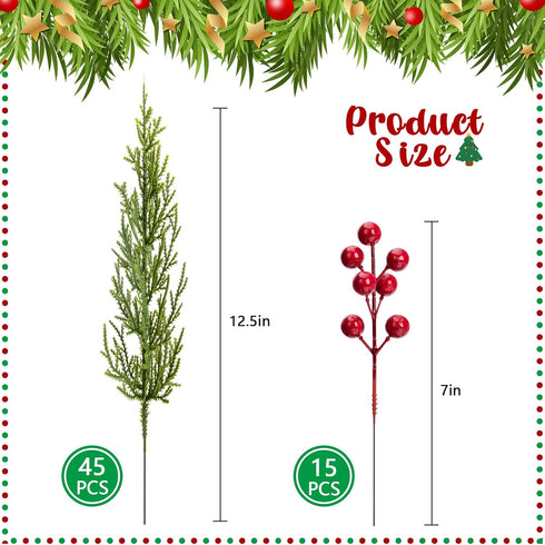 60 Pcs/Set 3D 12.5 Inch Christmas Artificial Pine Branches- Faux Evergreen Cedar Sprigs Branches- Fake Foliage Pine