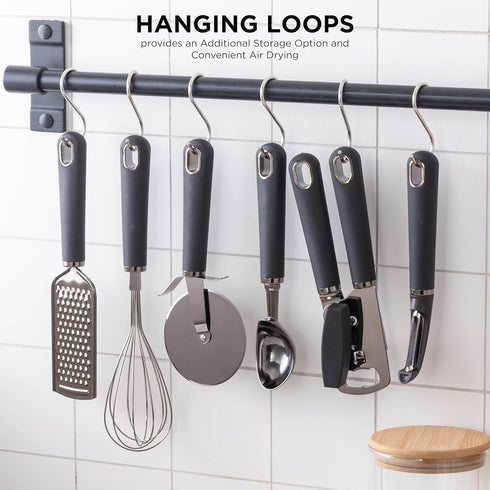 Country Kitchen 6 Pc Essentials Kitchen Stainless Steel Gadget Set - Black Gun Metal with Soft Touch Handles
