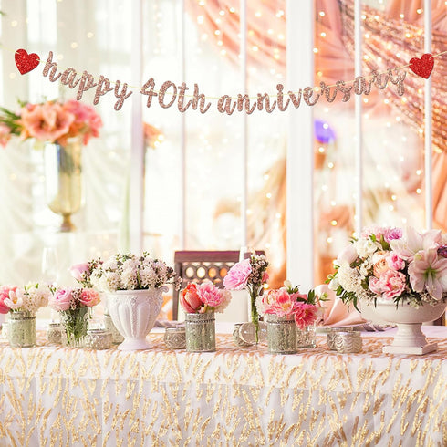 Rose Gold Happy 40th Anniversary Banner for 40th Wedding Anniversary, Forty AF Party, 40th Birthday Decorations
