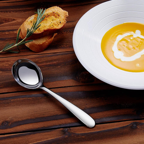 KEAWELL Premium 7.3 Inches Soup Spoons Set of 4, 18/10 Stainless Steel, Deep Bowl for Ramen, Pho, Miso (Round-Handle)
