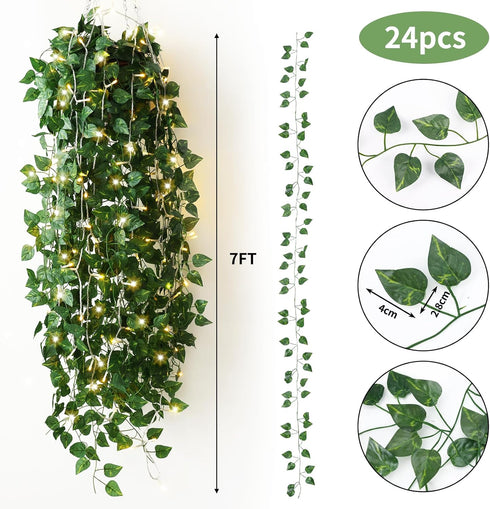 24 Pack 173ft 200 CEWOR Fake Ivy Vines, Artificial Ivy Garland with LED String Lights, Hanging Plants Greenery Backdrop