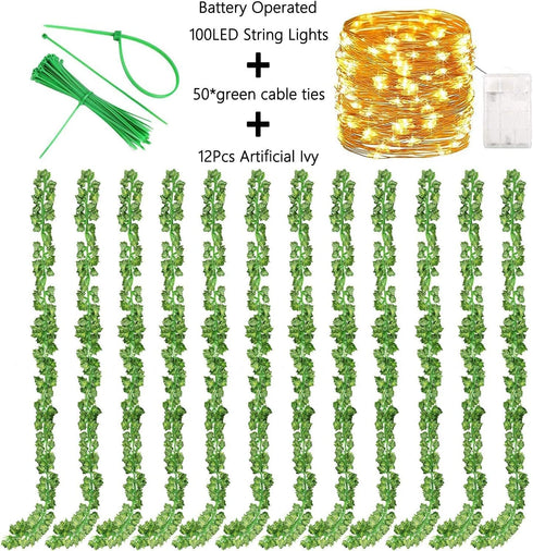 12 Pack Fake Vines with 100 LED String Light, Artificial Ivy Garland Hanging Plants for Bedroom Aesthetic Decor
