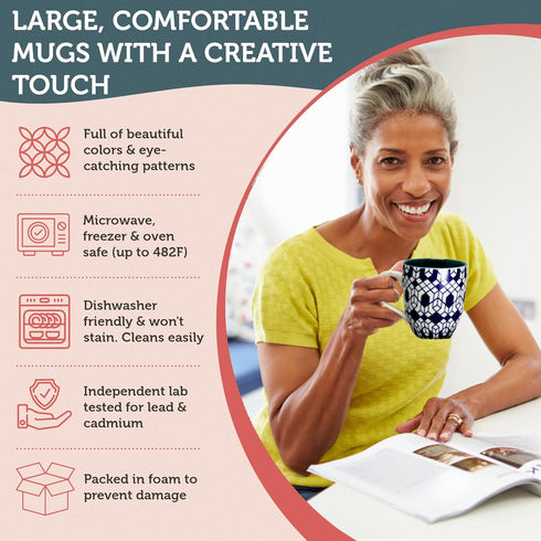Set 6 16 Annovero Large Coffee Mug of - Porcelain Cups for Women or Men - Microwave & Dishwasher Safe, Chip Resistant