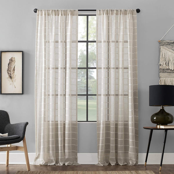 Clean Window Twill Stripe Anti-Dust Sheer Curtain Panel - 52" x 63", Allergy/Pet Friendly, White/Linen