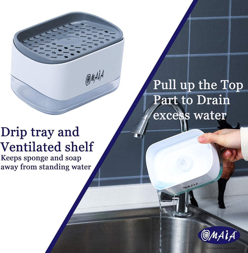 OMAIA 2-in-1 Dish Soap Dispenser with Sponge Holder - Smart Kitchen Organizer for Sink Countertop