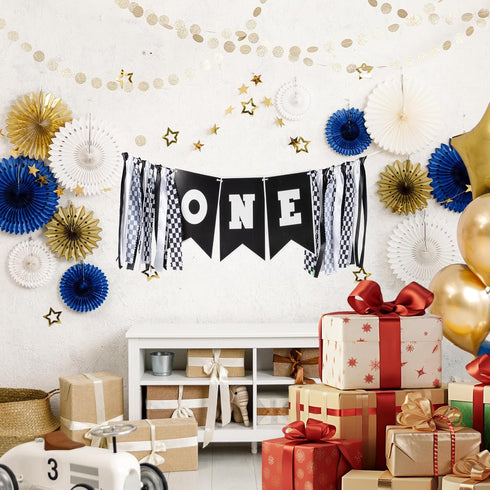 Q&High Life Race Car First Birthday Highchair Banner, Pre - strung Black & White Checkered ONE Garland for Boys Fast