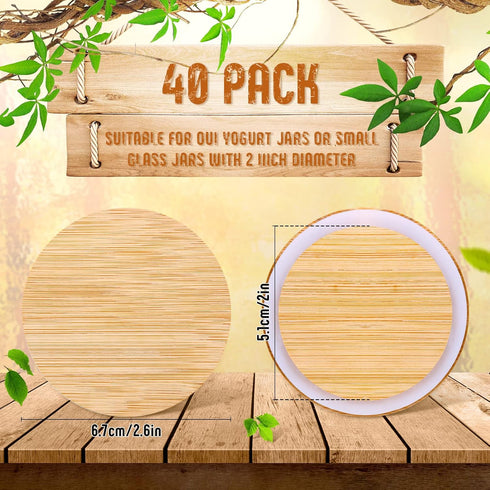 40 Roowest Pcs Yogurt Jar Lids Bulk Compatible with Oui Yogurt Jars, Natural Bamboo Wooden Lids Round Reusable Canning