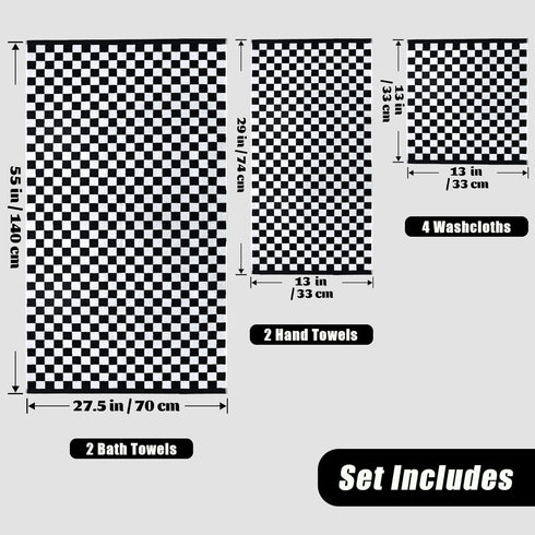 Set 8, 2 2 4 Jacquotha Black and White Towels of Cute Checkered Towels for Bathroom Decor, Bath, Hand, Washcloths