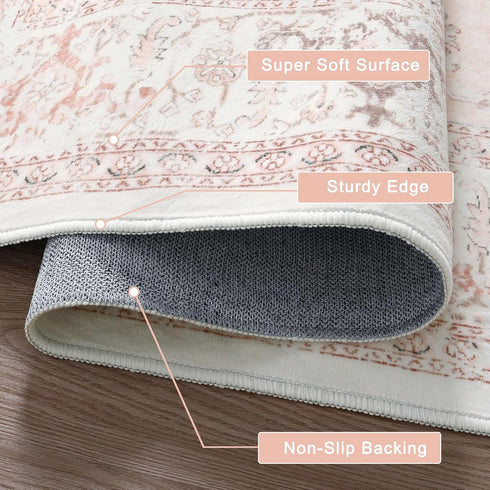 4ft LIVEBOX Pink Round Rug - Machine Washable Circle Rug for Living Room, Non-Shedding Vintage Circular Carpet Bedroom