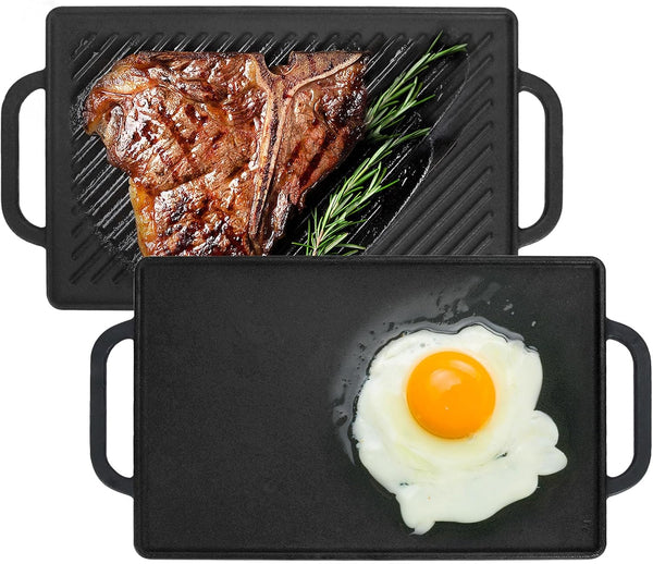 GasSaf Cast Iron Double Sided Griddle, Reversible Grill Pan for Indoor Cooking, 13 x 8.25 Stovetop Griddle