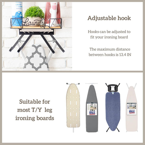 PERFNIQUE Ironing Board Holder, Wall Mount Ironing Board Hanger, Laundry Room Organization with Removable Hooks, Wooden