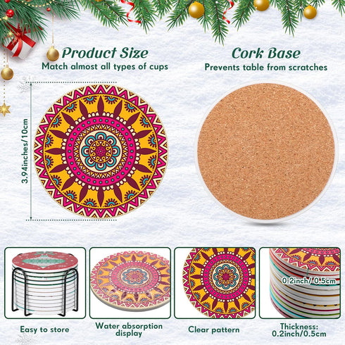 Hushee 12 1 Pcs Ceramic Drink Coasters with Holder Holiday Cup Coasters with Cork Backing for Home Table Protection