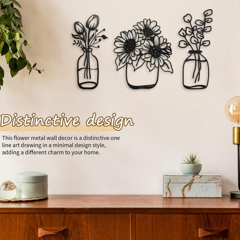 3 Pieces Metal Flower Wall Decor, Minimalist Black Tulip Wire Iron Art for Kitchen Bathroom Living Room