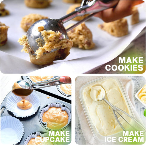 Ice Cream Scoop Set, 3 Pcs Stainless Steel Cookie Scoops with Trigger Release for Baking and Melon Baller.