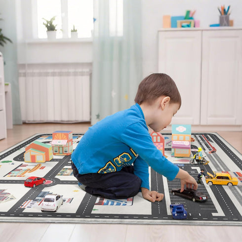 5x7ft Kids City Road Car Play Rug - Non-Slip Faux Wool Carpet with Interactive City Map Design, Educational Toy Vehicle