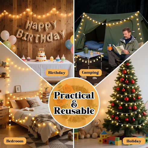 PJT 200 66FT 8 Cozy String Lights for Bedroom, LED Globe Plug in Fairy Lights, Connectable Warm White Twinkle Lights