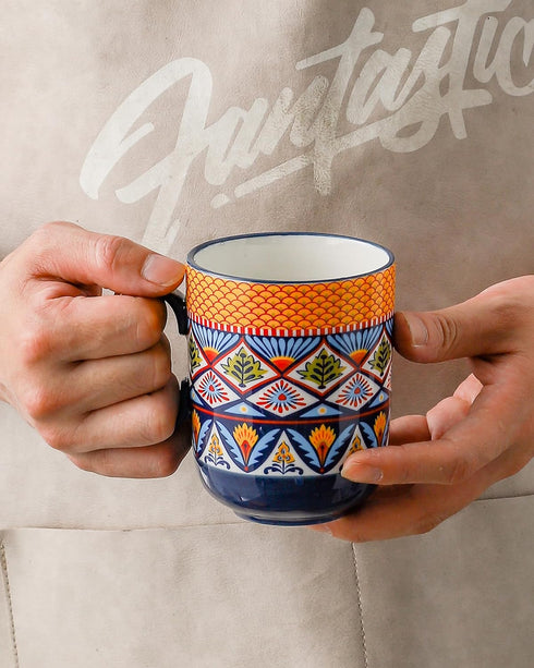 Set 6 14 oz HENXFEN LEAD Boho Ceramic Coffee Mugs of Porcelain Cups for Latte, Cappuccino, Tea & Cocoa Microwave