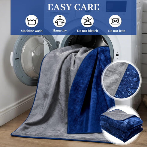 80" 60", 3-Layer Tisancy Love Waterproof Bed Blanket - Twin Size, x Navy Blue & Gray, Flannel with Storage Bag