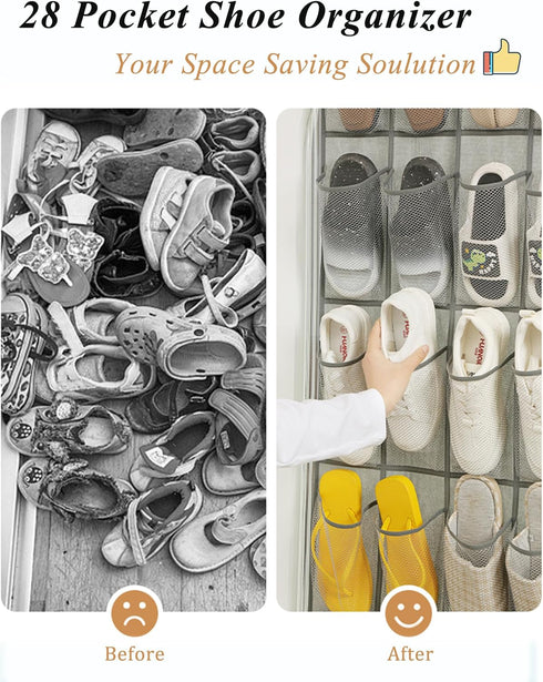 Over The Door Shoe Organizer - 28 Pocket Shoe Rack for Closet, Hanging Door Organizer, Over the Door Hanger, Behind Door Storage, Shoe Holder for Back of Door, Hidden Shoe Storage, Space Saving, Gray by HAMCSTNF