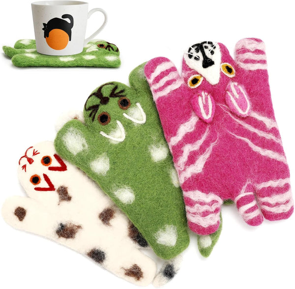 TaiPal Handmade Wool Felt Cat Coasters Set - 3 Adorable Cats - Shaped
