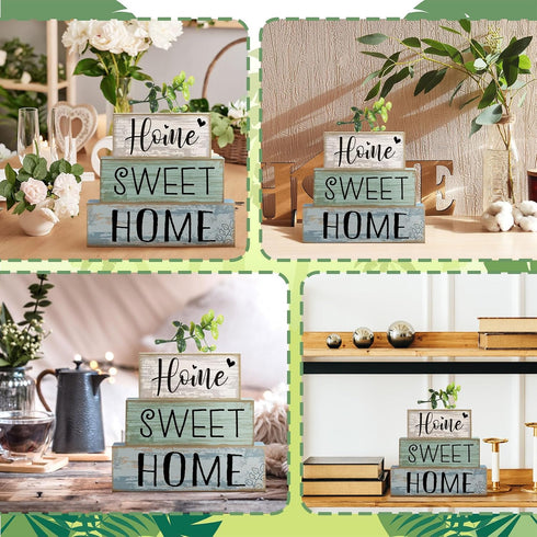 Moucuny 4 Pcs Wooden Farmhouse Table Decor Rustic Home Sweet Home Stacked Blocks Decoration Farmhouse Tiered Tray Decor