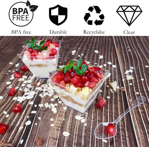Hiasobre 100 Pack 2 oz Mini Dessert Cups with Spoons, Square Clear Plastic Appetizer Cups, Reusable Parfait Cups, Small