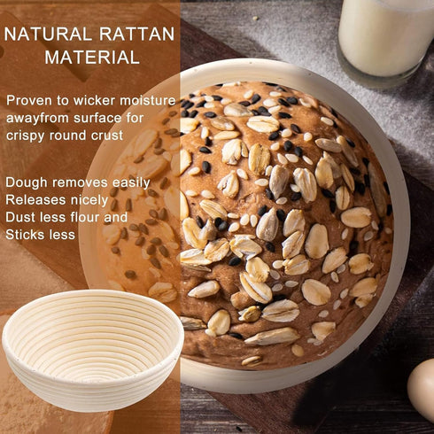 Banneton Bread Proofing Basket, Banneton Basket Set of 2, 9 inch Sourdough Proofing Basket Round Proofing Bowls Handmade Rattan Baskets and Liners, Artisan Sourdough Bread Making Kit by Dimpola
