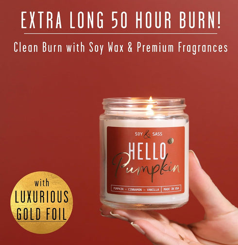 Fall Candles - 'Hello Pumpkin' Soy Pumpkin Spice Candle, Infused with Essential Oils, 9oz Reusable Jar, 50 Hour Burn