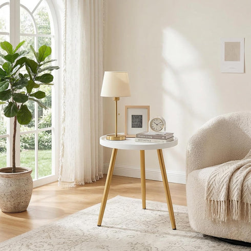 14.96" 14.96" 17.52" danpinera Small Round Side Table, Mini White Table with Wooden Tray & Metal Legged, Gold Side