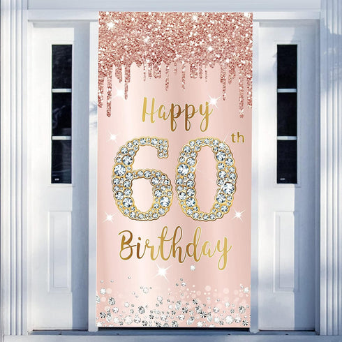 60th Birthday Door Banner Decorations for Women, Pink Rose Gold Happy 60th Birthday Poster Sign Decor
