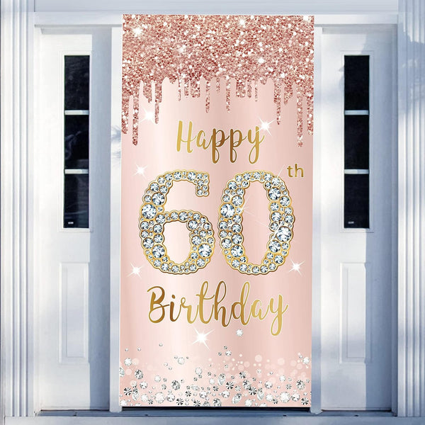 60th Birthday Door Banner Decorations for Women, Pink Rose Gold Happy 60th Birthday Poster Sign Decor
