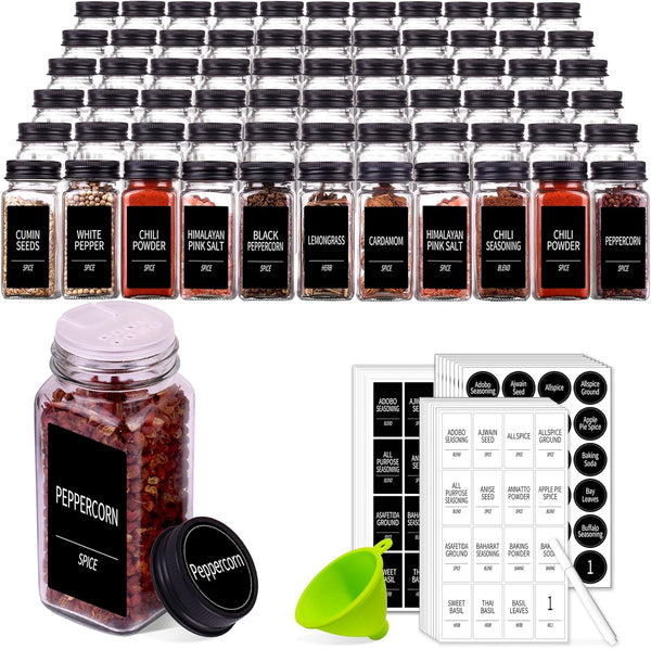 Churboro 66 Spice Jars with 547 Labels- Glass Spice Jars with Black