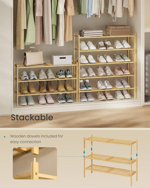 Closet, 3-Tier, 12-16 ULBS053YL01 SONGMICS Bamboo Shoe Rack for Stackable Shoe Oragnizer with Modular Structure