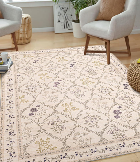 5x7 YIHOUSE Washable Area Rugs for Bedroom Girls, Beige Floral Rug for Living Room Non Slip Ultra-Thin, Large Boho